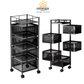 Black metal rolling storage cart with five tiers of wire mesh shelves and three detachable mesh baskets, shown in two configurations on a white background with the Omega Shop logo at the top.