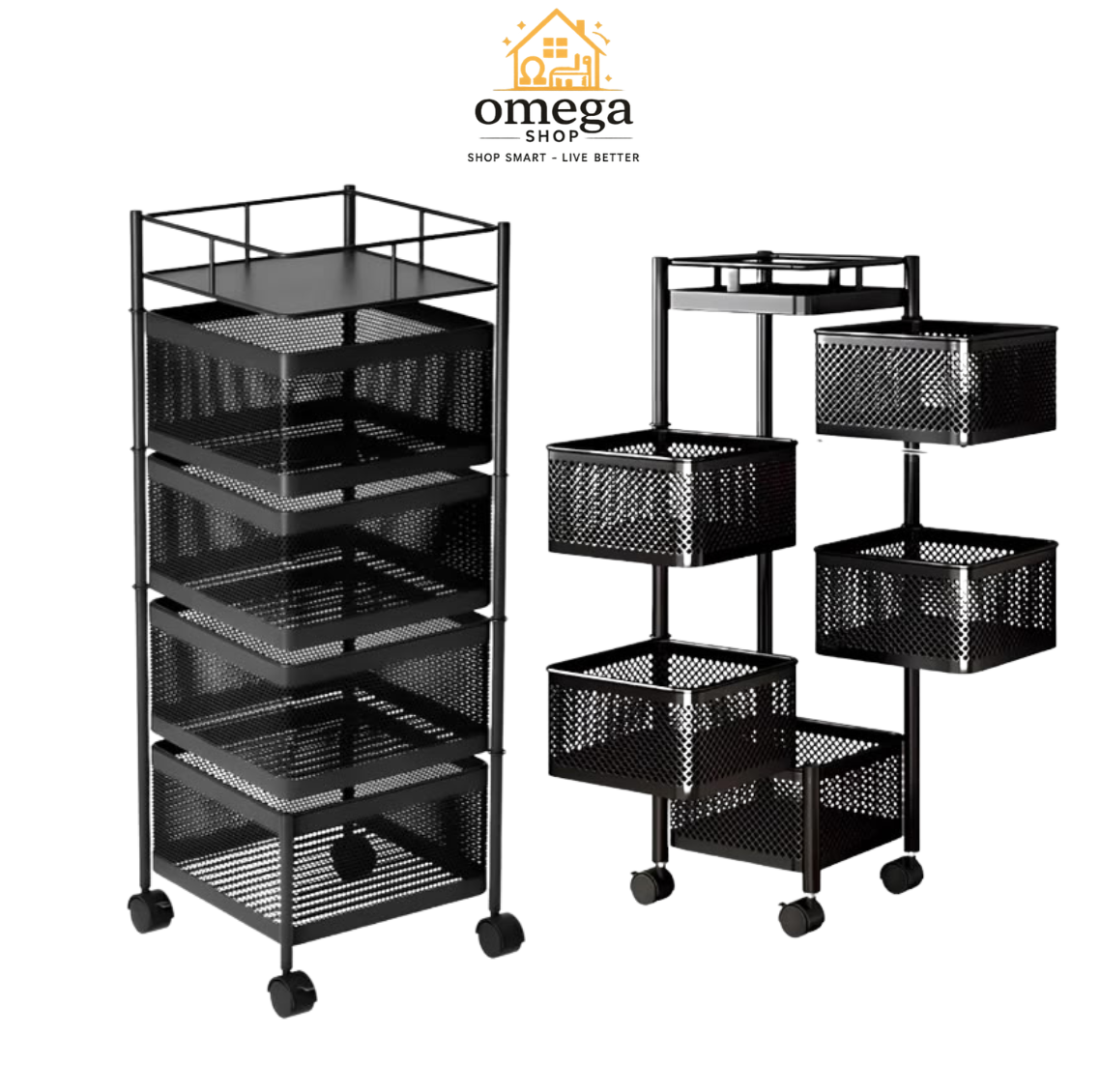 Black metal rolling storage cart with five tiers of wire mesh shelves and three detachable mesh baskets, shown in two configurations on a white background with the Omega Shop logo at the top.