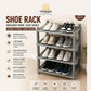 Omega Shop 4-tier plastic shoe rack in gray, shown holding multiple pairs of shoes on a beige background with feature icons and text.