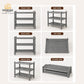 A 6-panel product diagram showing a gray three-tier plastic storage shelf from multiple angles: front view, side view, back view, top view, angle view, and folded view. The Omega Shop logo is visible in the top-left corner.