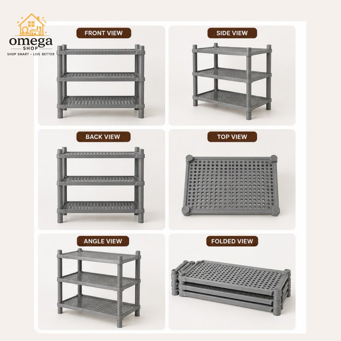 A 6-panel product diagram showing a gray three-tier plastic storage shelf from multiple angles: front view, side view, back view, top view, angle view, and folded view. The Omega Shop logo is visible in the top-left corner.