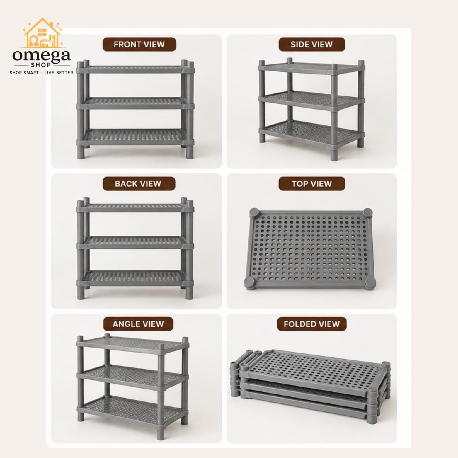 A 6-panel product diagram showing a gray three-tier plastic storage shelf from multiple angles: front view, side view, back view, top view, angle view, and folded view. The Omega Shop logo is visible in the top-left corner.