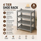 A 4-tier gray plastic shoe rack shown on a beige background with product features and benefits text. The Omega Shop logo is visible in the top right.