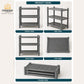 A product information graphic for a three-tier gray plastic storage shelf, showing front, side, back, top, and folded views under the heading 'PRODUCT VIEWS'. The Omega Shop logo is visible in the top left corner.