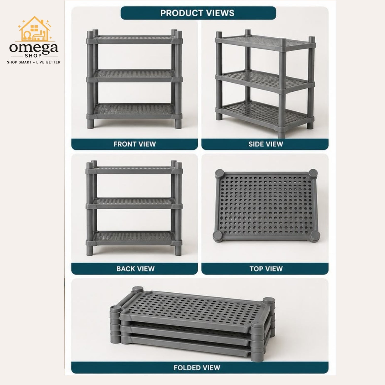 A product information graphic for a three-tier gray plastic storage shelf, showing front, side, back, top, and folded views under the heading 'PRODUCT VIEWS'. The Omega Shop logo is visible in the top left corner.