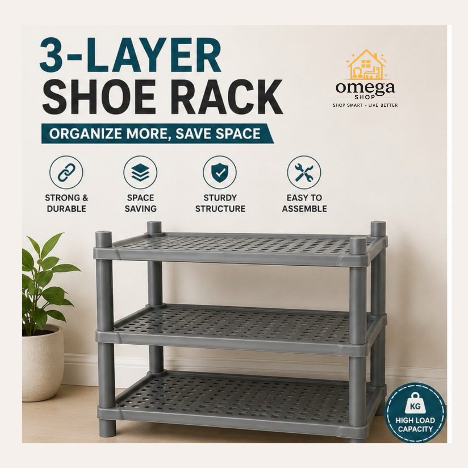 A 3-layer gray plastic shoe rack shown in a styled room setting with a potted plant on the left and promotional text overlays at the top, including the Omega Shop brand logo.
