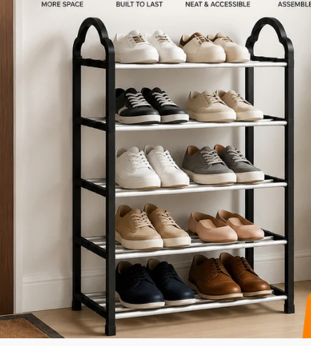 A 5-tier shoe rack with a black metal frame and white slatted shelves, shown holding various casual shoes and sneakers. The rack is positioned against a beige wall with some text overlays at the top.