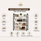 Omega multi-purpose storage shelf shown with various items like shoes, slippers, sneakers, bags, books, decor items, and plants arranged on its three tiers. The image features a clean beige background with informative callouts and text highlighting its versatility.