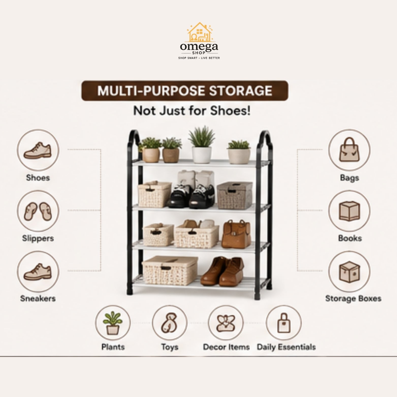 Omega multi-purpose storage shelf shown with various items like shoes, slippers, sneakers, bags, books, decor items, and plants arranged on its three tiers. The image features a clean beige background with informative callouts and text highlighting its versatility.