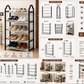 A collage-style product listing graphic for an Omaga premium metal shoe rack. The left panel shows the assembled black metal shoe rack with several pairs of shoes placed on it, along with feature callouts and a 4&5 tier badge.