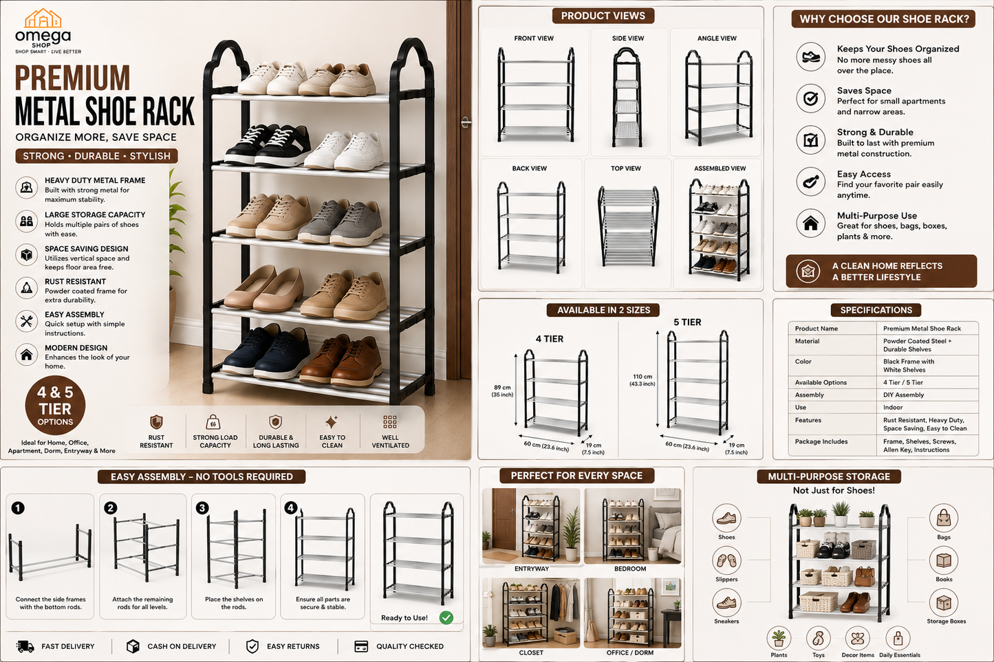 A collage-style product listing graphic for an Omaga premium metal shoe rack. The left panel shows the assembled black metal shoe rack with several pairs of shoes placed on it, along with feature callouts and a 4&5 tier badge.