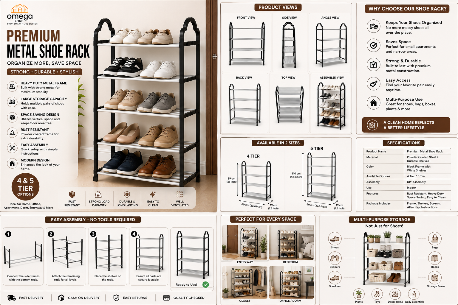 A collage-style product listing graphic for an Omaga premium metal shoe rack. The left panel shows the assembled black metal shoe rack with several pairs of shoes placed on it, along with feature callouts and a 4&5 tier badge.
