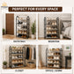 A 4-panel collage showing a black metal 5-tier shoe rack in different home settings: entryway, bedroom, closet, and office/dorm. The top banner reads 'PERFECT FOR EVERY SPACE' and the Omega Home logo appears in the top left.