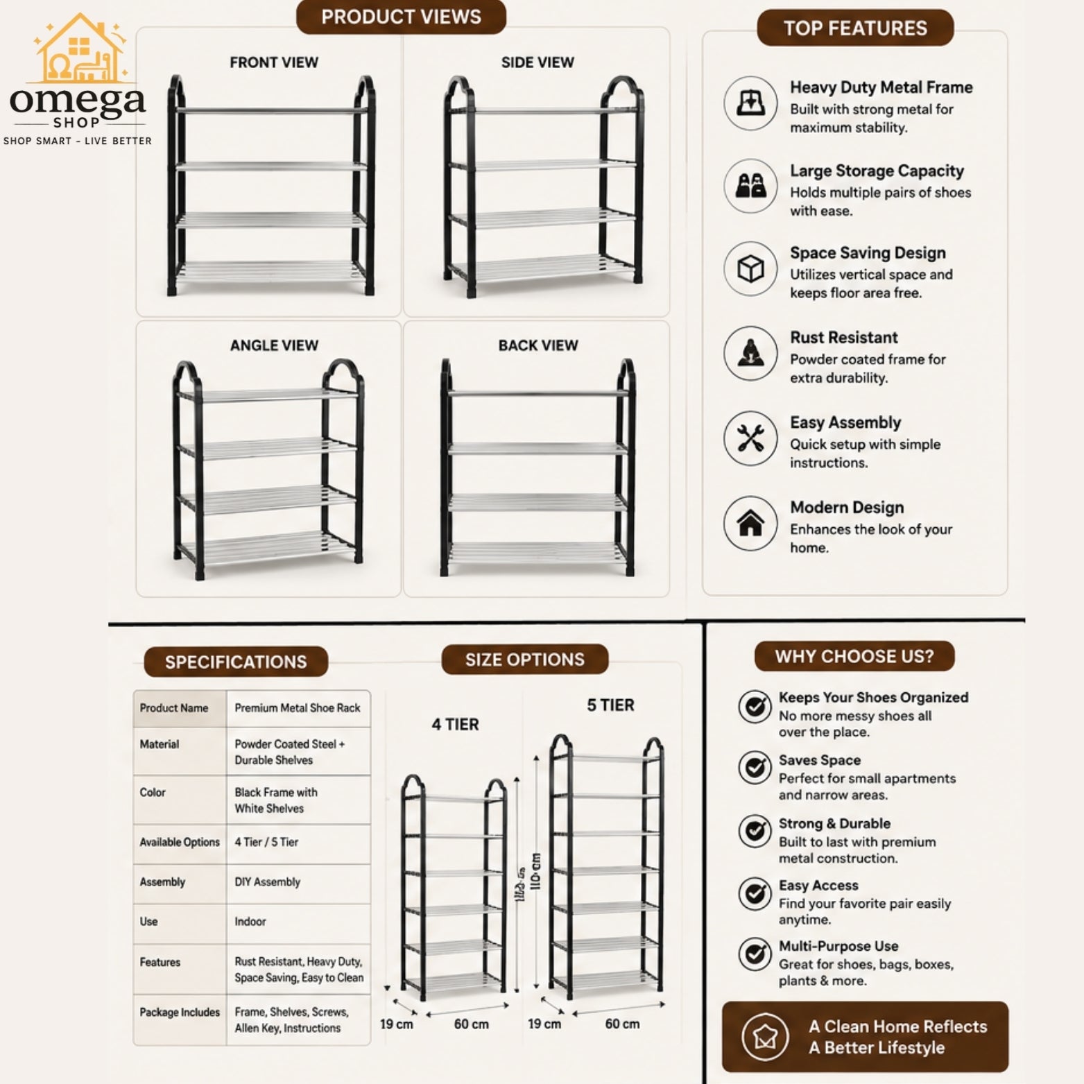 An infographic product presentation of the Omega Shop 3-Tier Shoe Rack, showing front, side, and back views, along with specifications, size options, top features, and a 'Why Choose Us?' section on a clean white background.