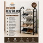 Omega brand premium metal shoe rack with a black frame and five tiers, shown holding various shoes in a beige room setting with product features and benefits text overlays.