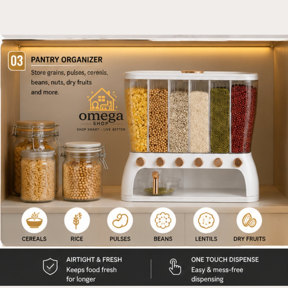 Omega Shop 6-compartment dry goods pantry organizer with clear plastic bins filled with grains, pulses, beans, lentils, and dry fruits, shown with two glass jars on a beige shelf with feature callouts below.