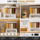 A 4-panel product collage showing a 6-in-1 food storage dispenser in different kitchen settings: kitchen countertop, kitchen cabinet, pantry organizer, and multi-purpose use. The dispenser has clear rectangular storage containers filled with grains, pasta, beans, and spices on a white base with gold knobs.