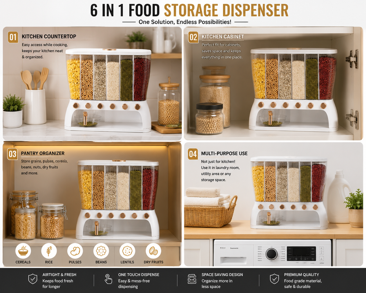 A 4-panel product collage showing a 6-in-1 food storage dispenser in different kitchen settings: kitchen countertop, kitchen cabinet, pantry organizer, and multi-purpose use. The dispenser has clear rectangular storage containers filled with grains, pasta, beans, and spices on a white base with gold knobs.