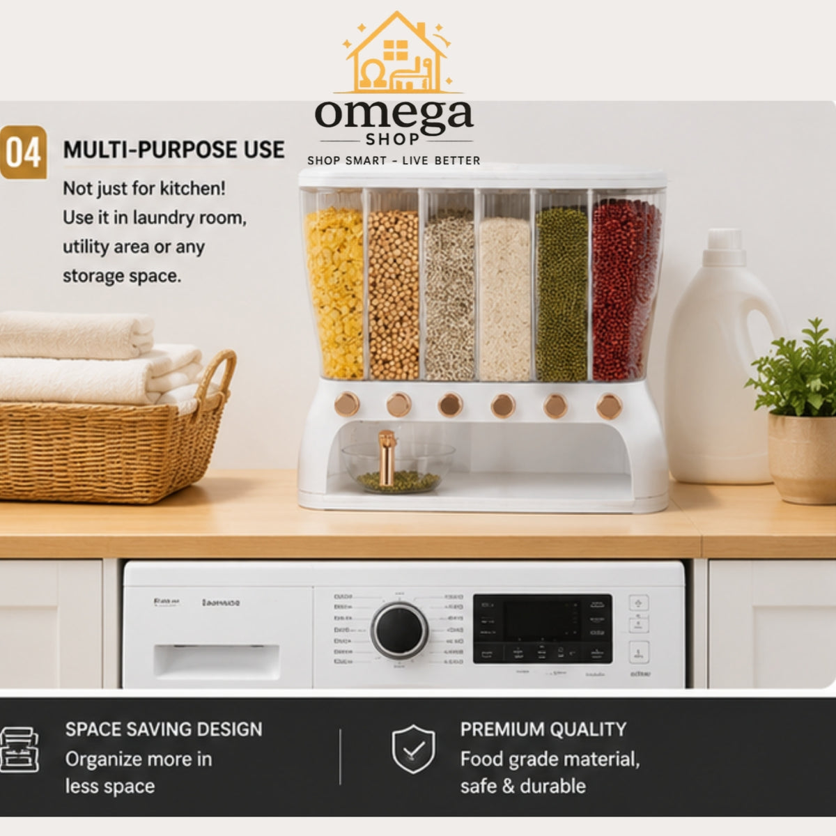 A white multi-compartment dry goods dispenser filled with assorted grains, beans, and legumes, shown on a kitchen counter above a washing machine. The image includes promotional text for 'Omega Shop' and feature callouts.