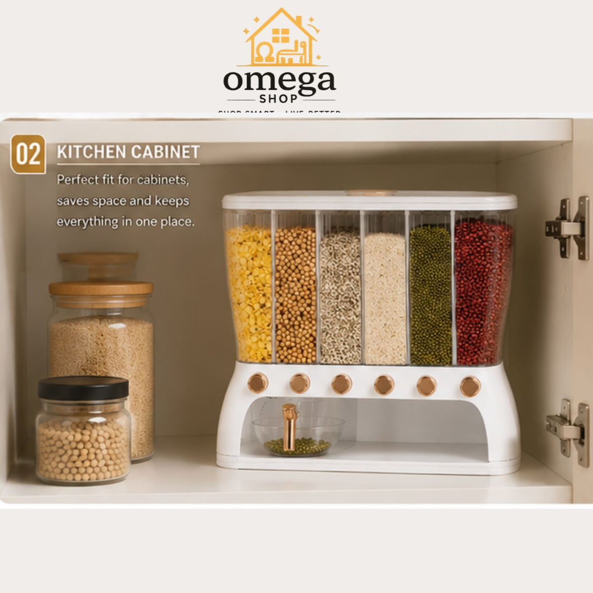 White Omega Shop kitchen cabinet grain dispenser with six clear vertical containers filled with different grains and legumes, shown installed inside a white kitchen cabinet next to traditional glass jars.