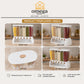Omega Shop cereal dispenser set shown in a four-panel product collage with front, side, top, and 45-degree views. The white plastic dispenser contains multiple clear vertical compartments filled with assorted dry cereals, with a matching white oval lid featuring a small tan handle.