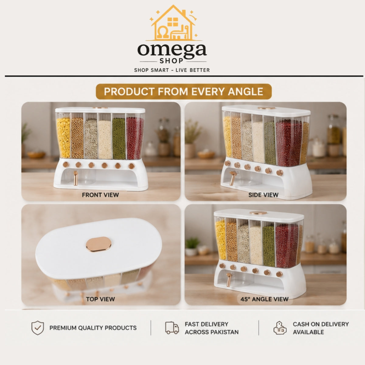 Omega Shop cereal dispenser set shown in a four-panel product collage with front, side, top, and 45-degree views. The white plastic dispenser contains multiple clear vertical compartments filled with assorted dry cereals, with a matching white oval lid featuring a small tan handle.