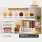 Omega Shop automatic kitchen storage dispenser filled with cereals, pulses, rice, beans, lentils, and dry fruits, shown in a promotional kitchen scene with text overlays and product features.