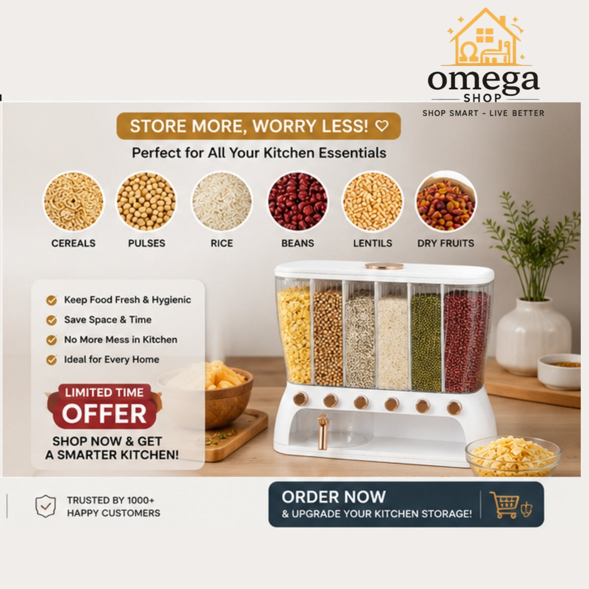 Omega Shop automatic kitchen storage dispenser filled with cereals, pulses, rice, beans, lentils, and dry fruits, shown in a promotional kitchen scene with text overlays and product features.