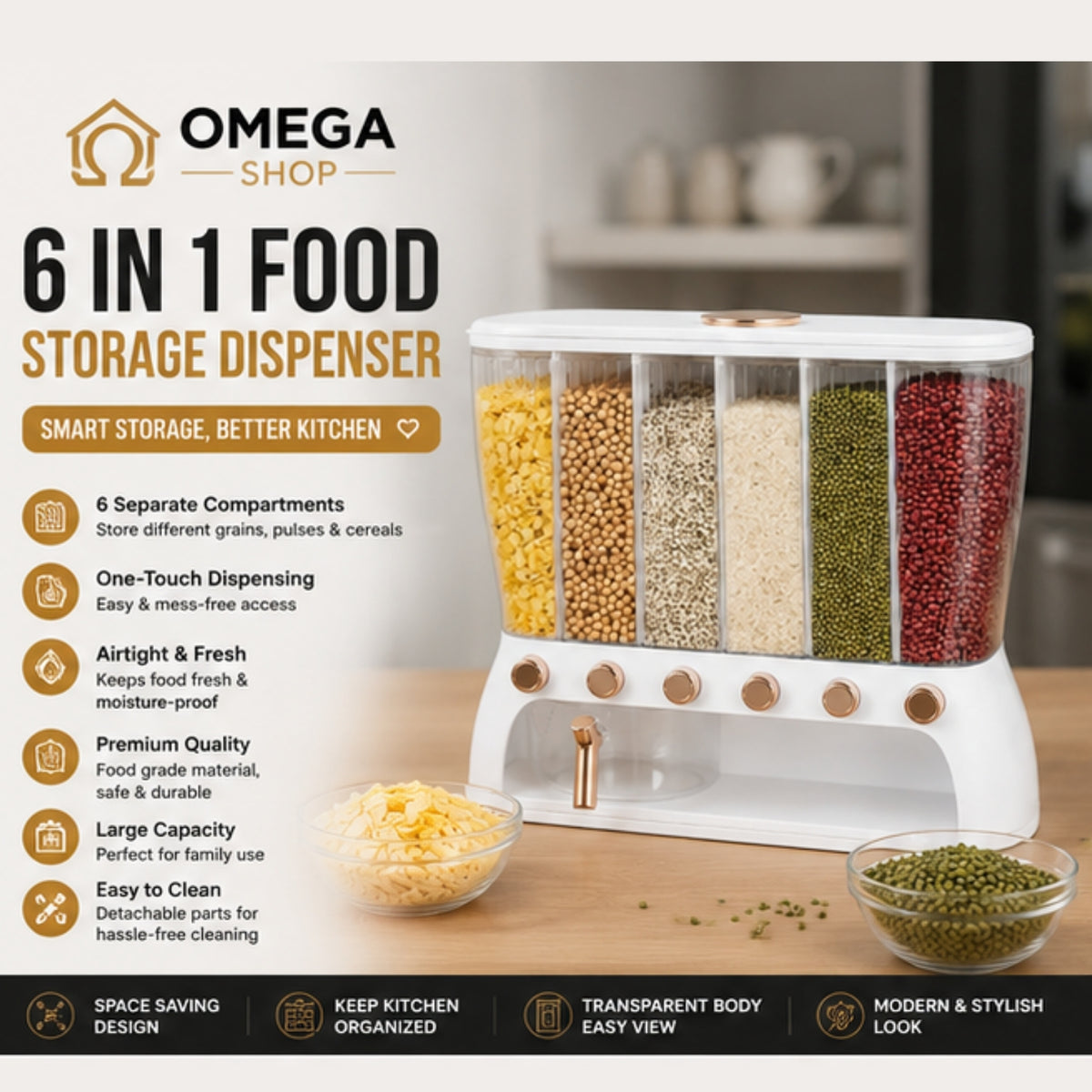 Omega Shop 6-in-1 food storage dispenser in a kitchen setting, filled with various grains and legumes in clear compartments. The white dispenser features a touch-activated dispensing button and is shown with two small bowls of food on a wooden countertop.