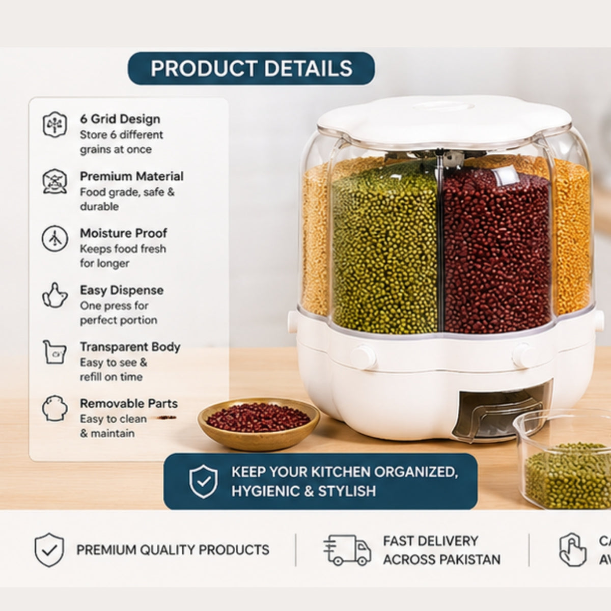 A white and clear grain dispenser filled with different types of dry grains, shown with product feature callouts on a light kitchen counter. The dispenser has a white base and lid, a transparent body, and three vertical compartments filled with green, red, and yellow grains.