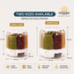 Two kitchen spice jars shown with dimension labels for small and large sizes on a light beige background. The image includes the Omega Shop logo and feature icons such as large capacity, space saving, one touch dispense, and 360-degree sealed protection.