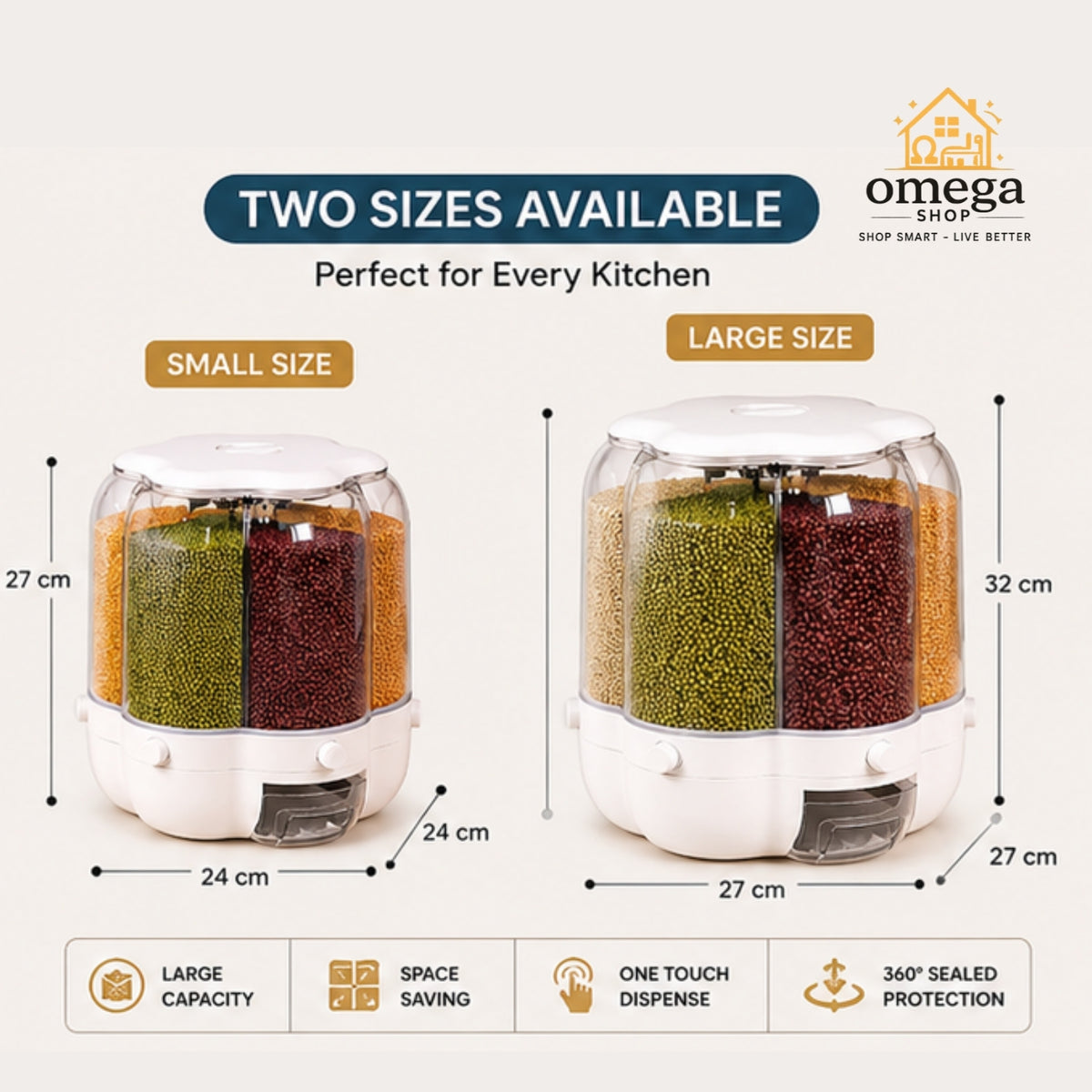 Two kitchen spice jars shown with dimension labels for small and large sizes on a light beige background. The image includes the Omega Shop logo and feature icons such as large capacity, space saving, one touch dispense, and 360-degree sealed protection.