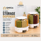 Omega Shop 6-Grid Storage Dispenser shown with two white plastic spice jars filled with green, brown, and red spices on a light wood surface. The left side features product information text and icons on a clean, light beige background.