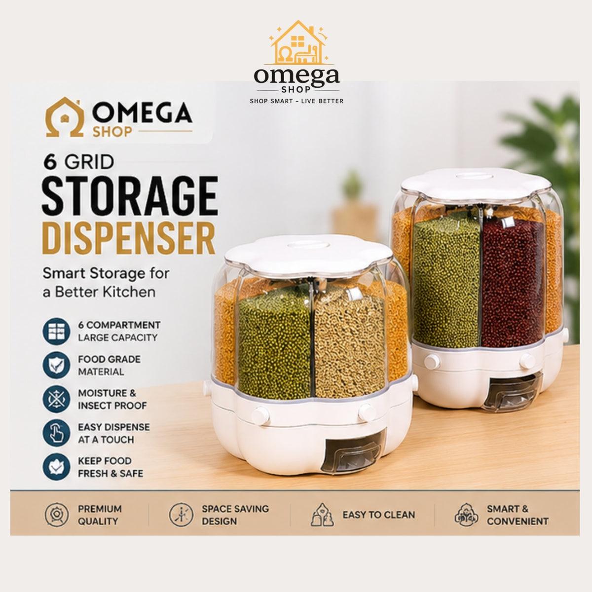 Omega Shop 6-Grid Storage Dispenser shown with two white plastic spice jars filled with green, brown, and red spices on a light wood surface. The left side features product information text and icons on a clean, light beige background.