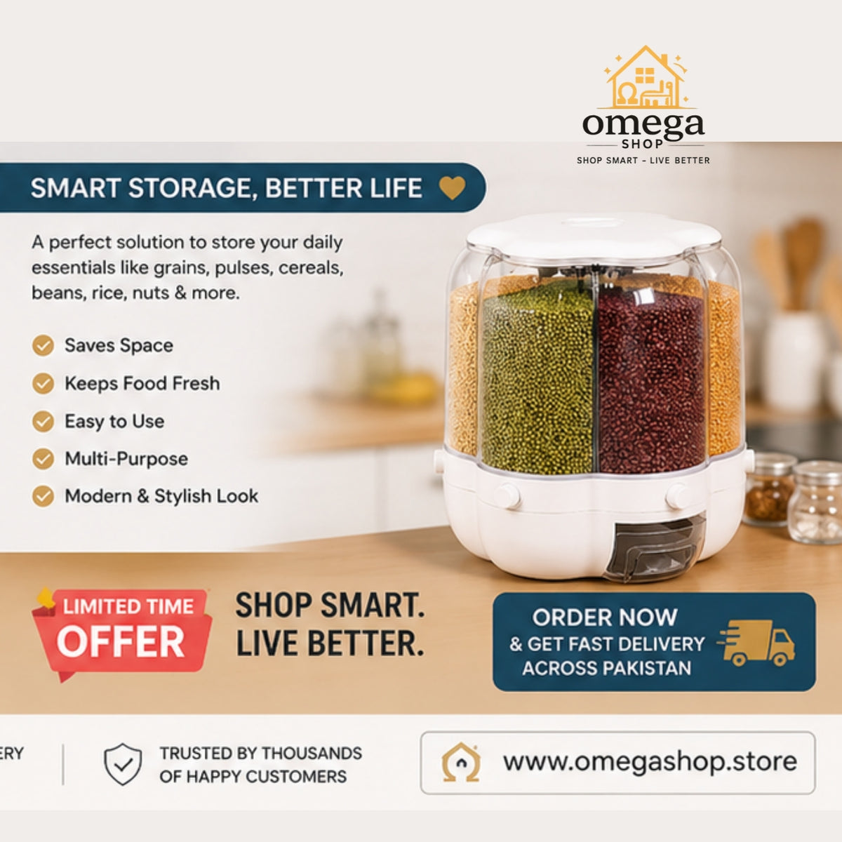 Omega Shop smart grain storage container with three clear compartments filled with green, brown, and red grains, shown on a kitchen counter with promotional text overlays.