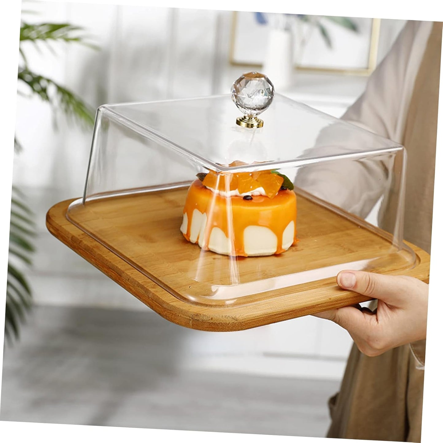 Square Bamboo Cake Dish with Transparent Acrylic Lid