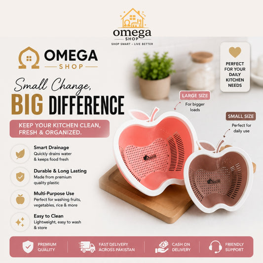 Omega Shop apple-shaped kitchen strainer baskets in pink and brown, displayed on a wooden stand with promotional text and kitchen background elements.
