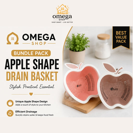 Omega Shop Apple Shape Drain Basket bundle pack featuring two apple-shaped strainers in pink and brown, displayed on a wooden board with promotional text on a clean cream background.
