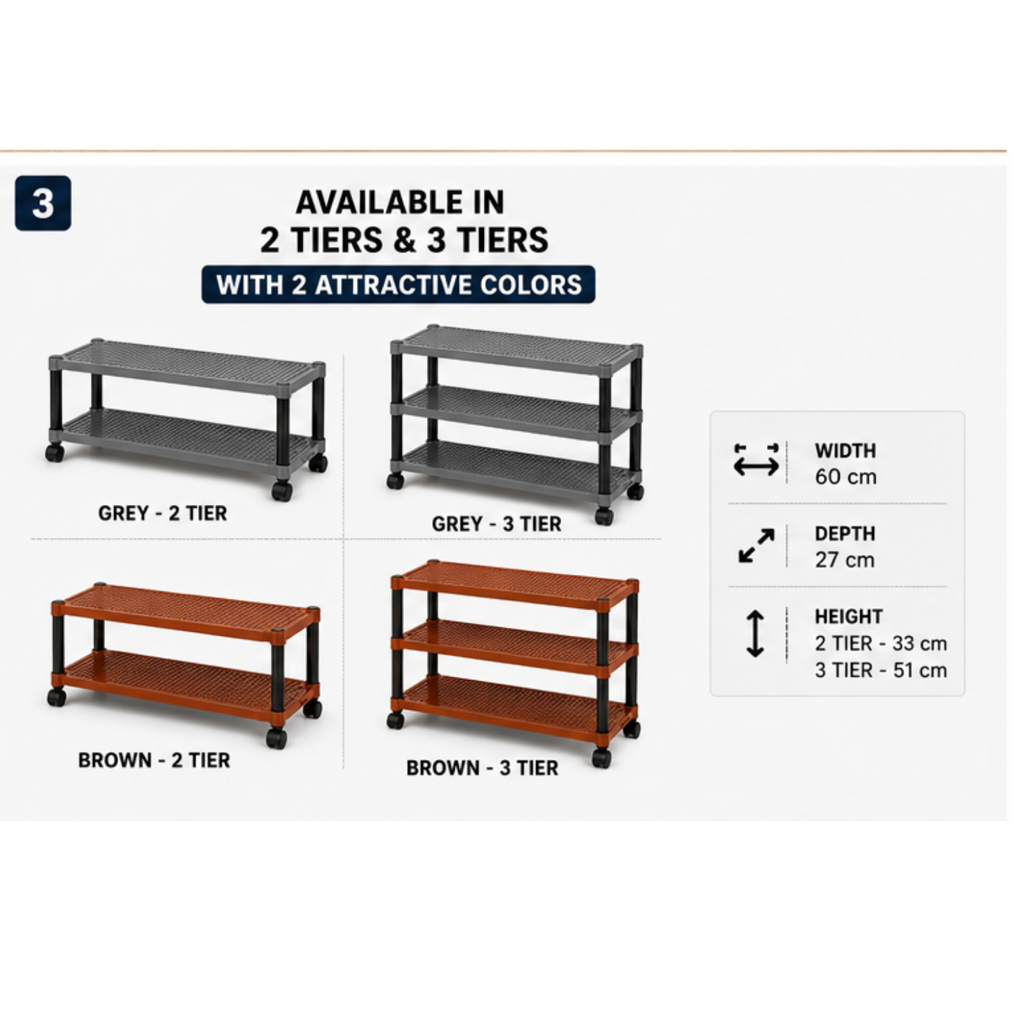 Premium Multipurpose Plastic Shoe Rack | 2 Tier & 3 Tier Storage Shelf with Wheels