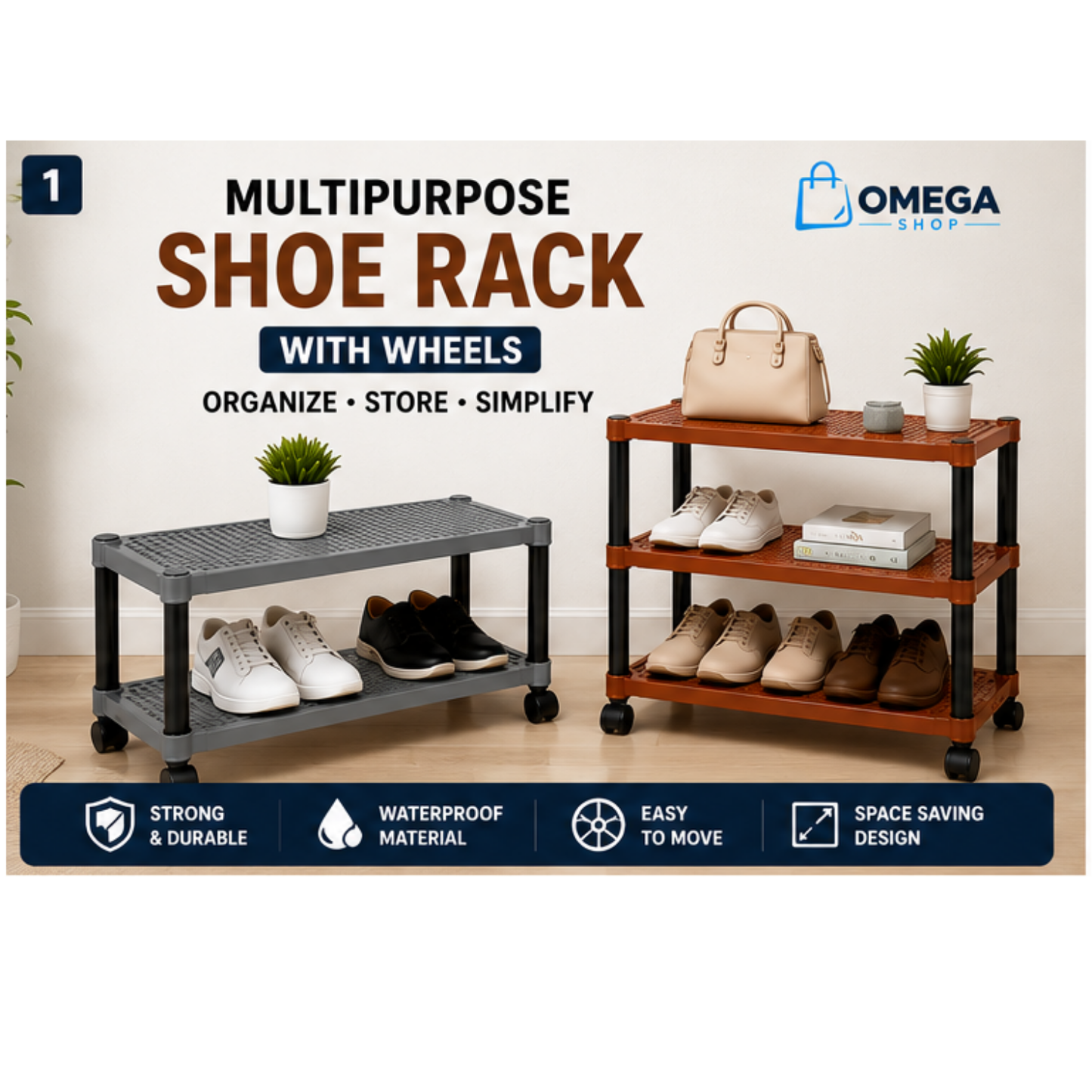 Premium Multipurpose Plastic Shoe Rack | 2 Tier & 3 Tier Storage Shelf with Wheels