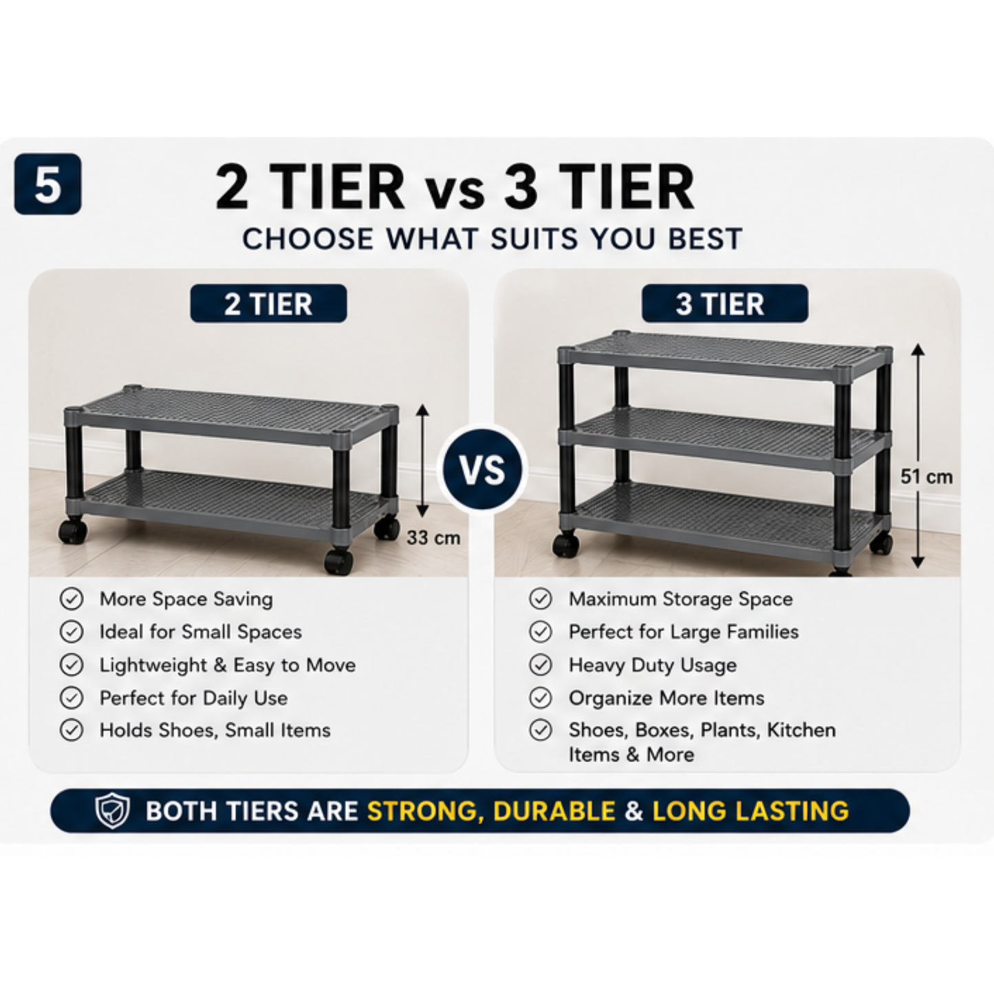 Premium Multipurpose Plastic Shoe Rack | 2 Tier & 3 Tier Storage Shelf with Wheels