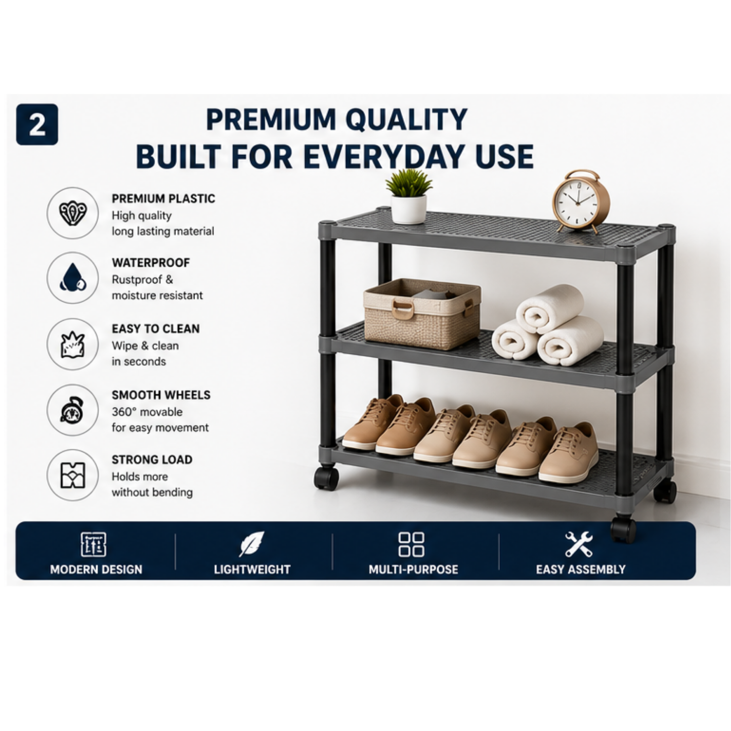 Premium Multipurpose Plastic Shoe Rack | 2 Tier & 3 Tier Storage Shelf with Wheels
