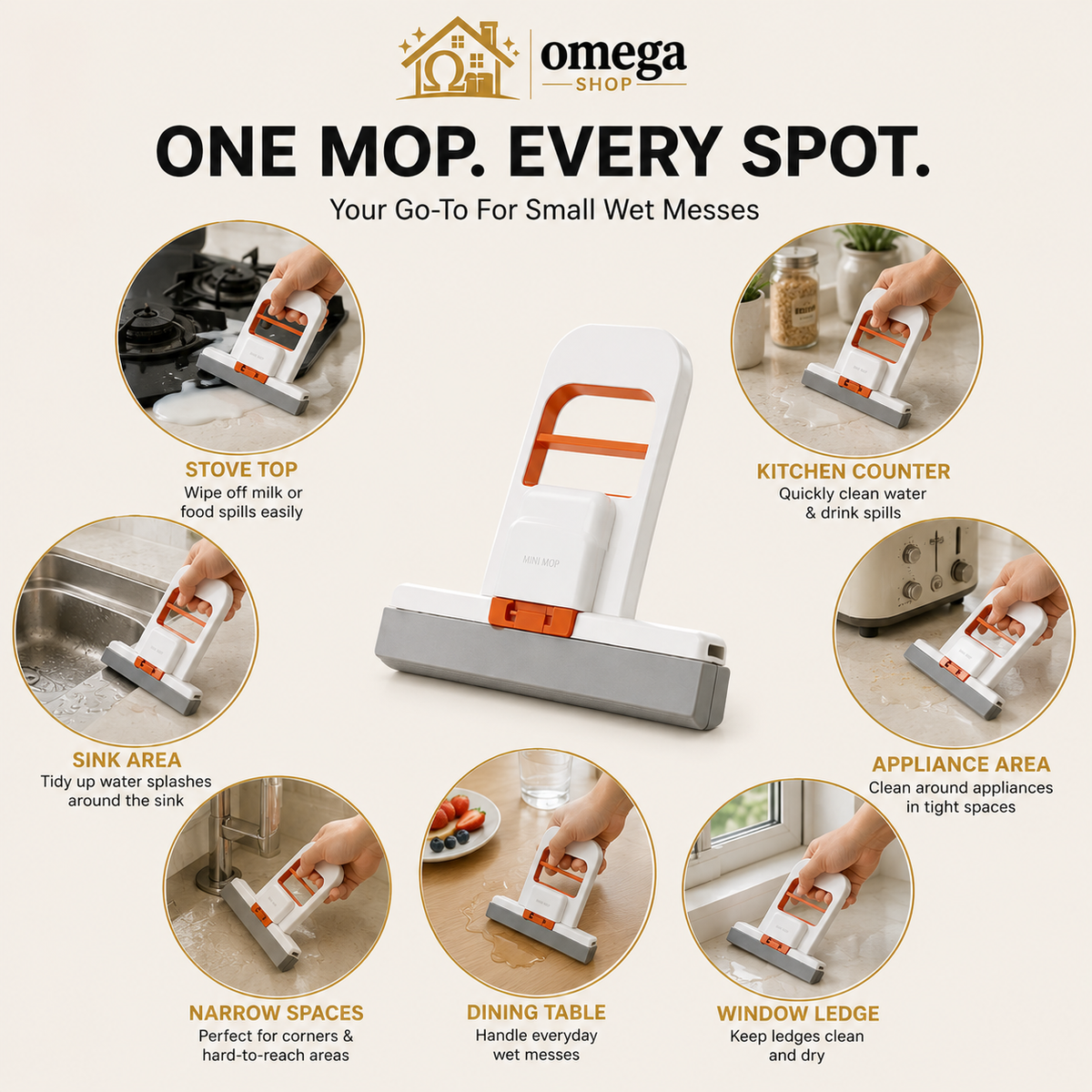 Omega Mini Foldable Self-Squeeze Sponge Mop for Kitchen & Bathroom