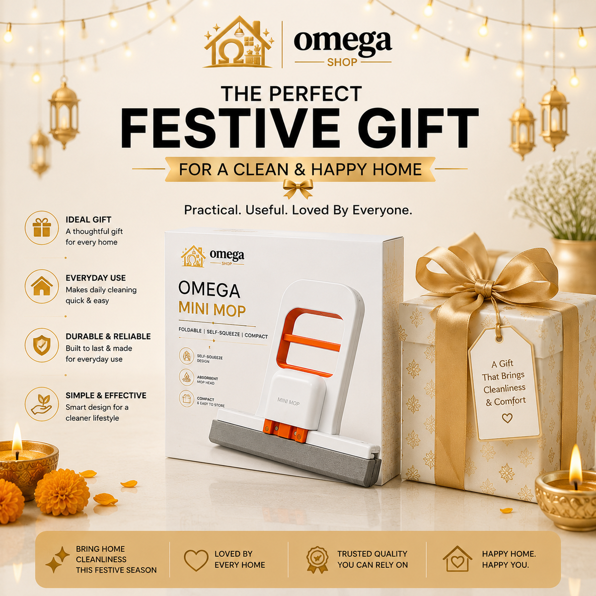 Omega Mini Foldable Self-Squeeze Sponge Mop for Kitchen & Bathroom
