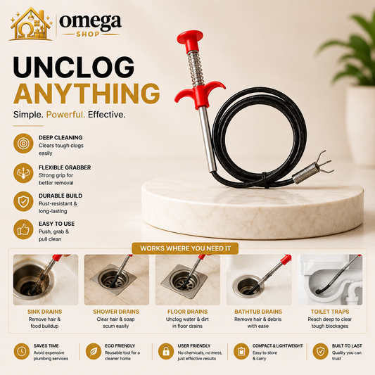 Omega Drain Snake Hair Clog Remover Tool – Flexible Drain Cleaner for Sink, Shower & Bathroom Pipes