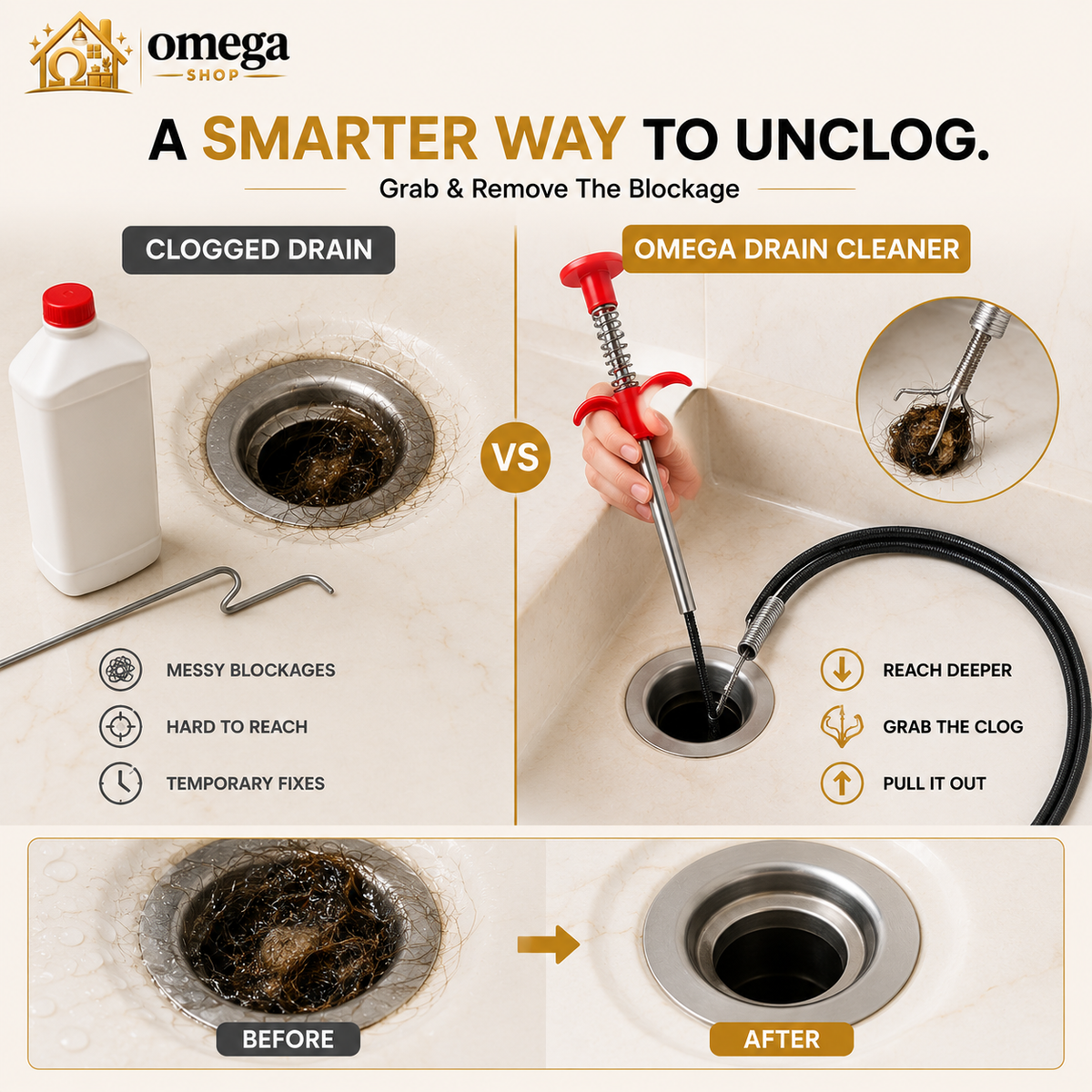 Omega Drain Snake Hair Clog Remover Tool – Flexible Drain Cleaner for Sink, Shower & Bathroom Pipes