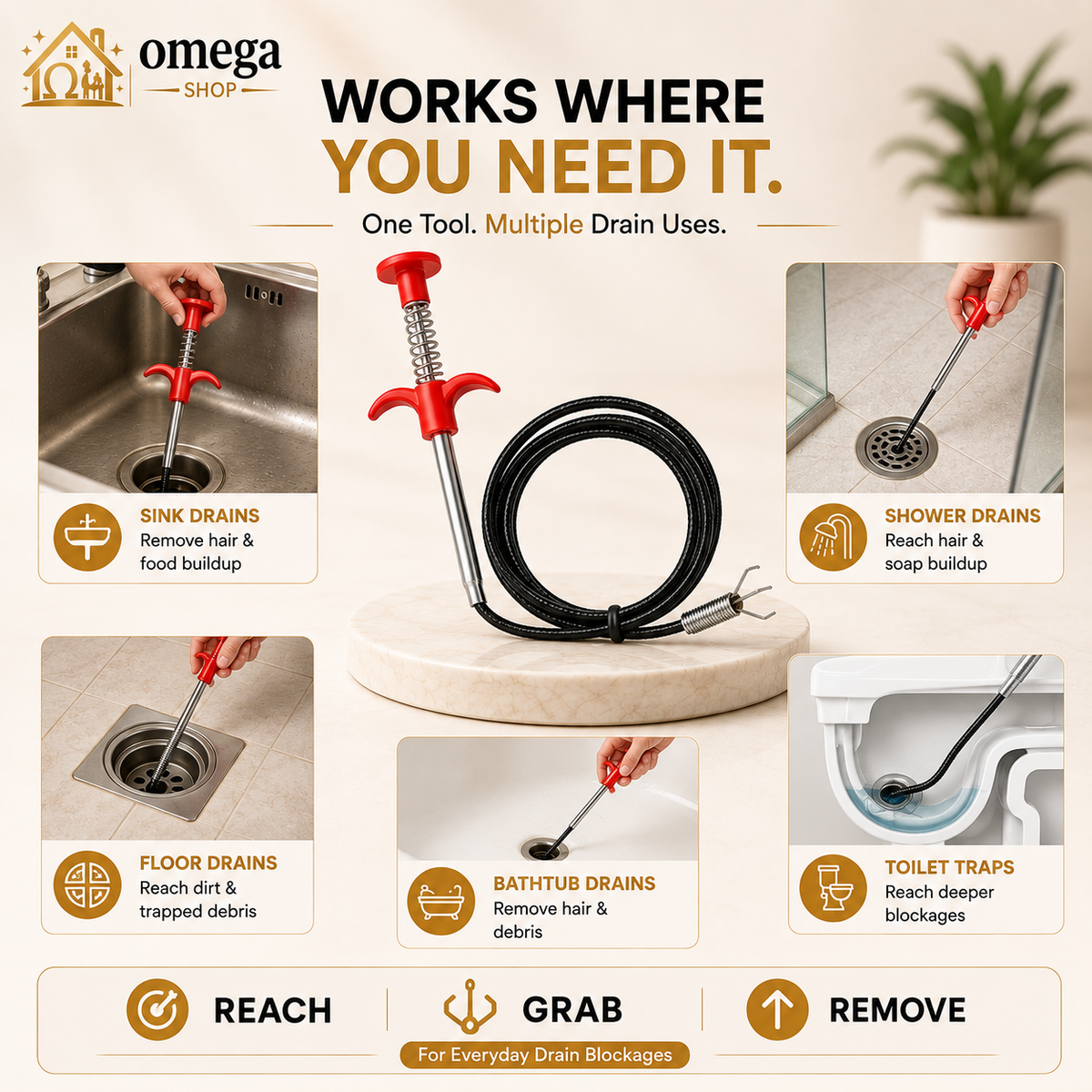 Omega Drain Snake Hair Clog Remover Tool – Flexible Drain Cleaner for Sink, Shower & Bathroom Pipes