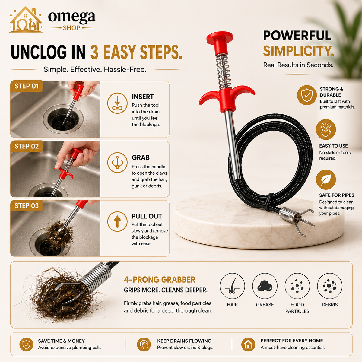 Omega Drain Snake Hair Clog Remover Tool – Flexible Drain Cleaner for Sink, Shower & Bathroom Pipes