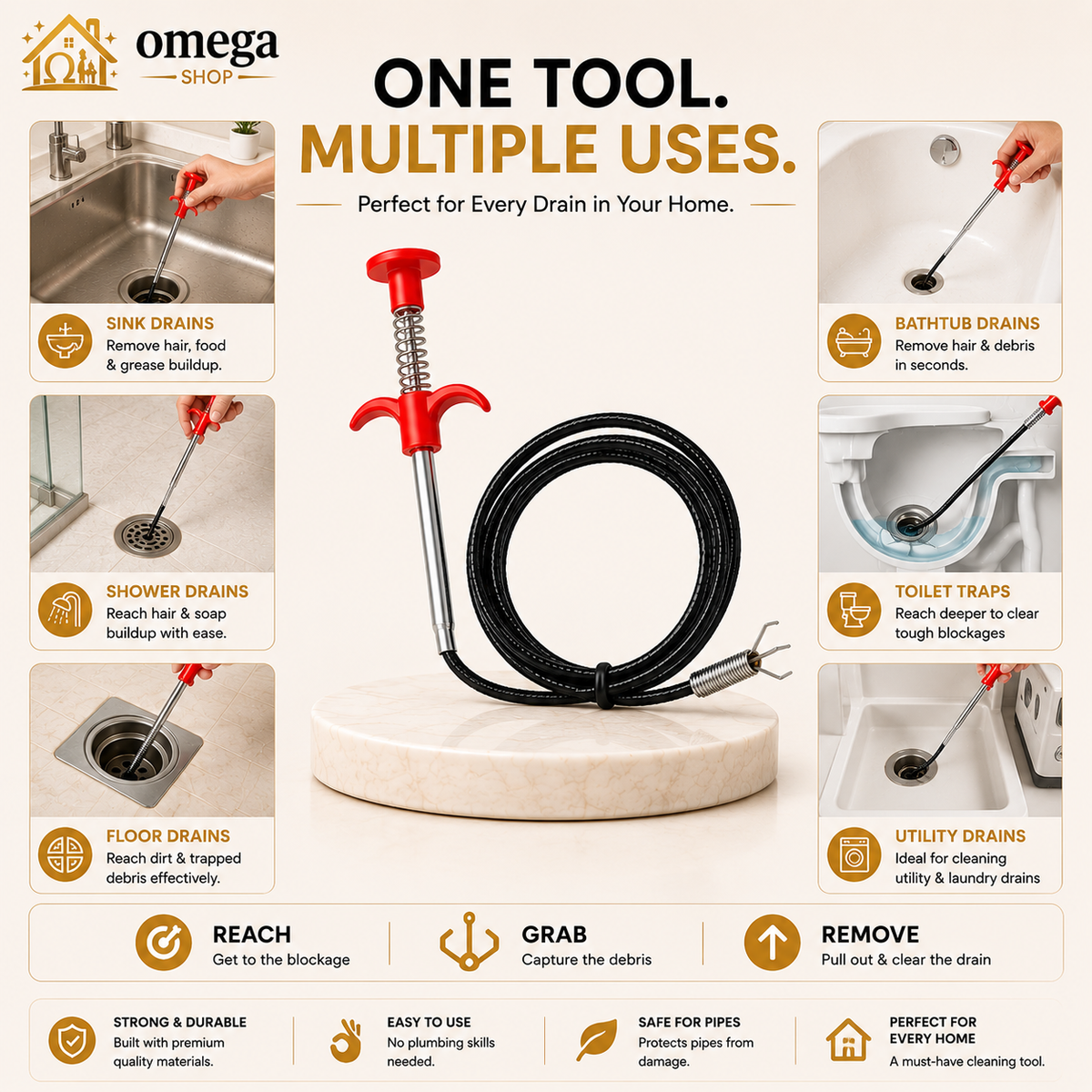 Omega Drain Snake Hair Clog Remover Tool – Flexible Drain Cleaner for Sink, Shower & Bathroom Pipes