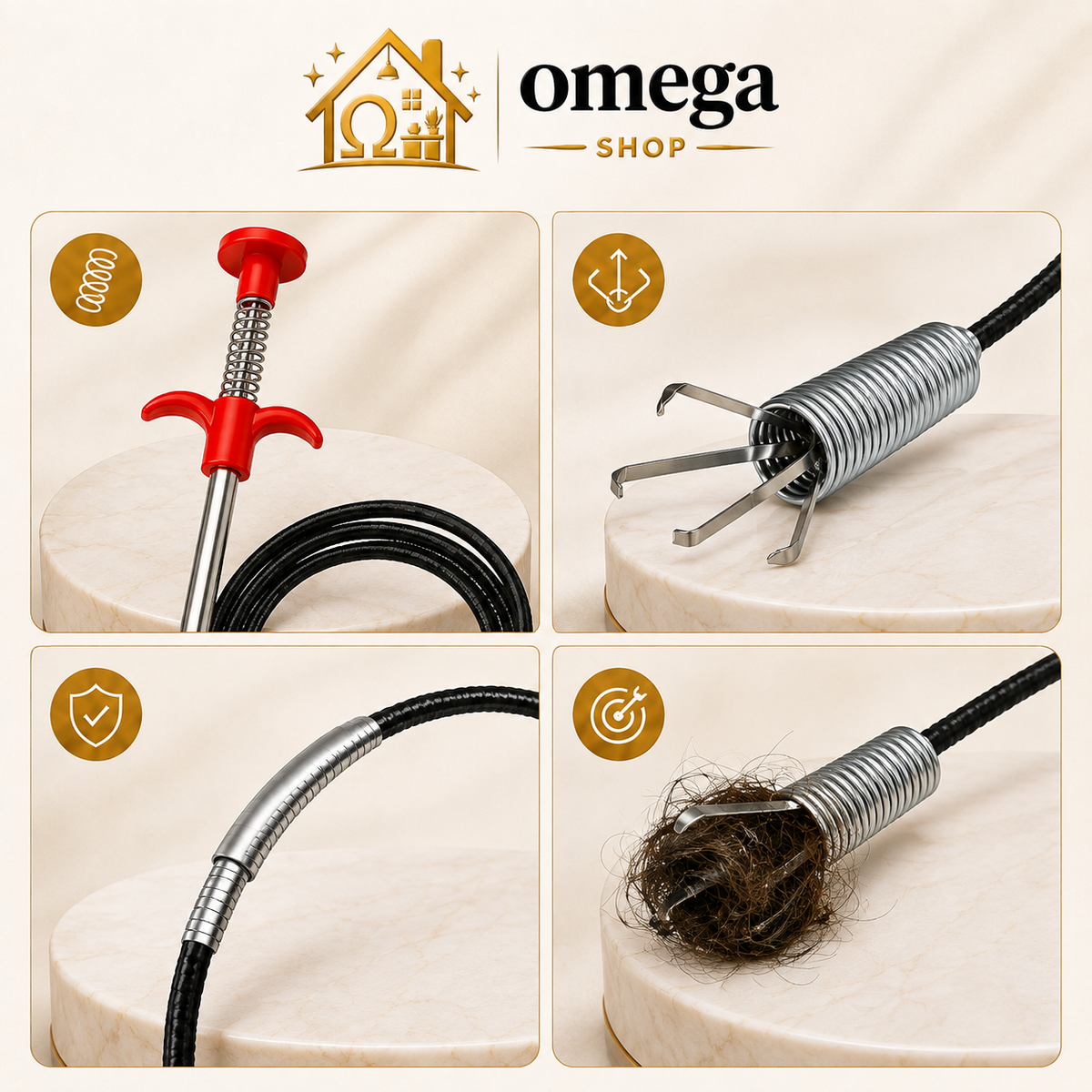 Omega Drain Snake Hair Clog Remover Tool – Flexible Drain Cleaner for Sink, Shower & Bathroom Pipes